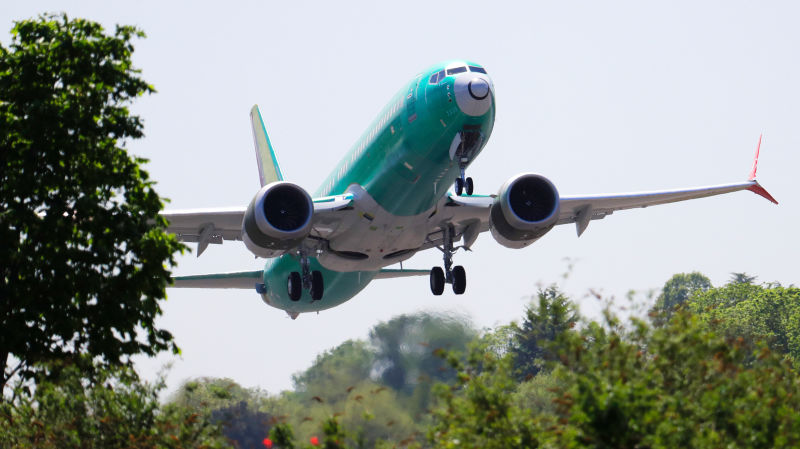 A Boeing 737 MAX 8 jetliner being built for Turkish Airlines takes off on a test flight, Wednesday, May 8, 2019, in Renton, Wash. Passenger flights using the plane remain grounded worldwide as investigations into two fatal crashes involving the airplane continue. 